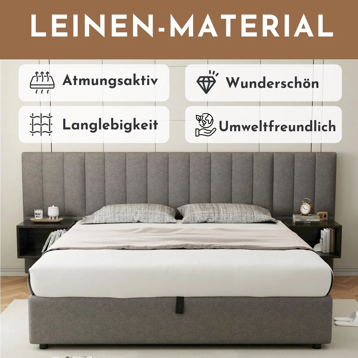 Cama Tapizada 180 x 200 cm con Almacenaje Hidráulico y Dos Mesillas con Cajones, Somier de Láminas de Madera, Cama para Dormitorio de Adultos y Jóvenes, Fácil Montaje, Tela Lino, Gris y Negro