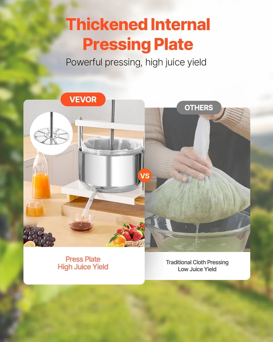 VEVOR - Prensa de vino de frutas, 2.98 gal/11.3 l, cesta de madera maciza con 6 bloques, fabricante de jugos manual, tintura de sidra, manzana, uva, verduras, miel y aceite de oliva con barra de mango