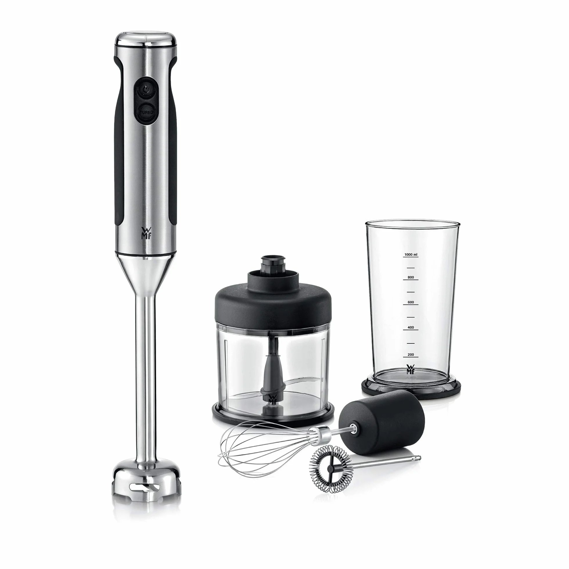 WMF Lineo - Batidora de mano 4 en 1, 700 w,vaso medidor 1 Litro, accesorio Picadora, accesorio batidor, accesorio espumador de leche Acero Inoxidable cromargan
