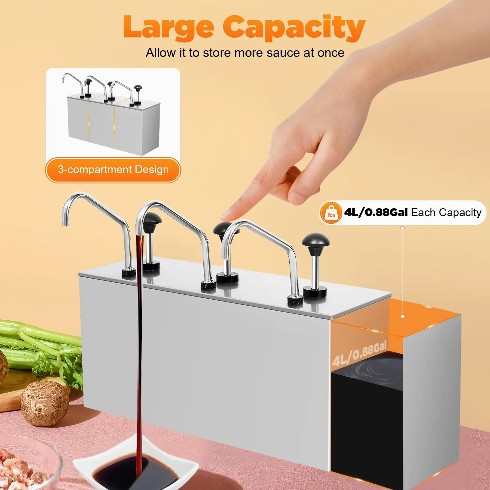 Dispensador de salsa de acero inoxidable con 3 compartimentos, fácil instalación y alto volumen, bomba de especias para salsa de soja, ketchup mostaza, 3 x 4 L