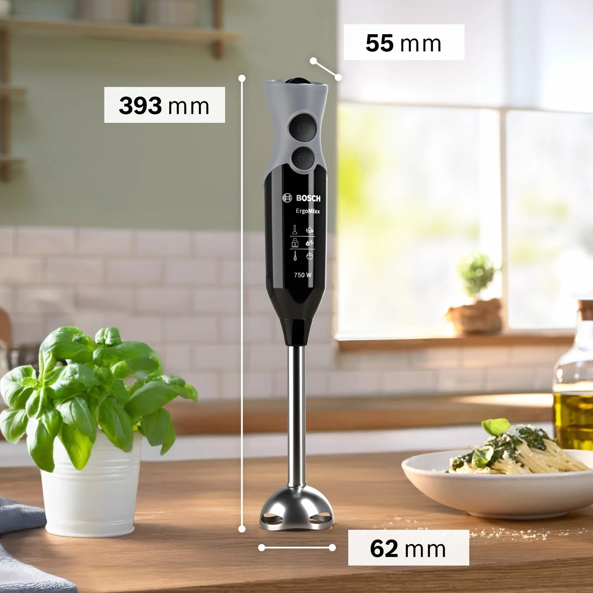 Bosch - Batidora de mano profesional, ErgoMixx, 750 W, 12+1 velocidades, QuattroBlade, Picador y vaso, Negro, MSM67160