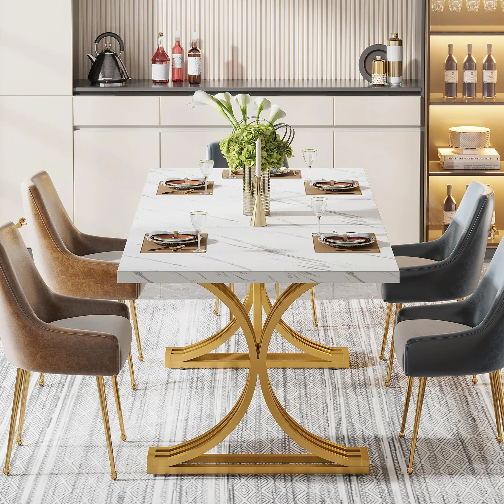 Tribesigns Mesa de comedor moderna de 160 x 80 cm para 4 – 6 personas, mesa de cocina con tablero de mármol sintético, marco de metal resistente, color blanco y dorado