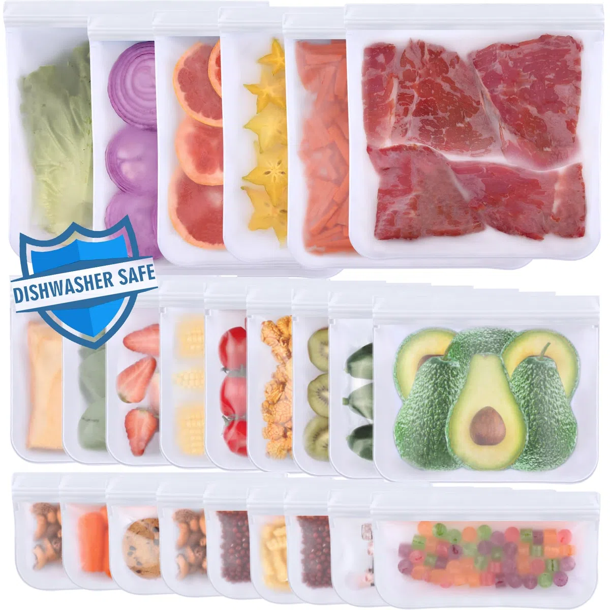Lerine Paquete de 24 bolsas reutilizables aptas para lavavajillas, bolsas reutilizables a prueba de fugas, bolsas de almacenamiento de alimentos sin BPA para almuerzo, carne, verduras (6 galones, 9