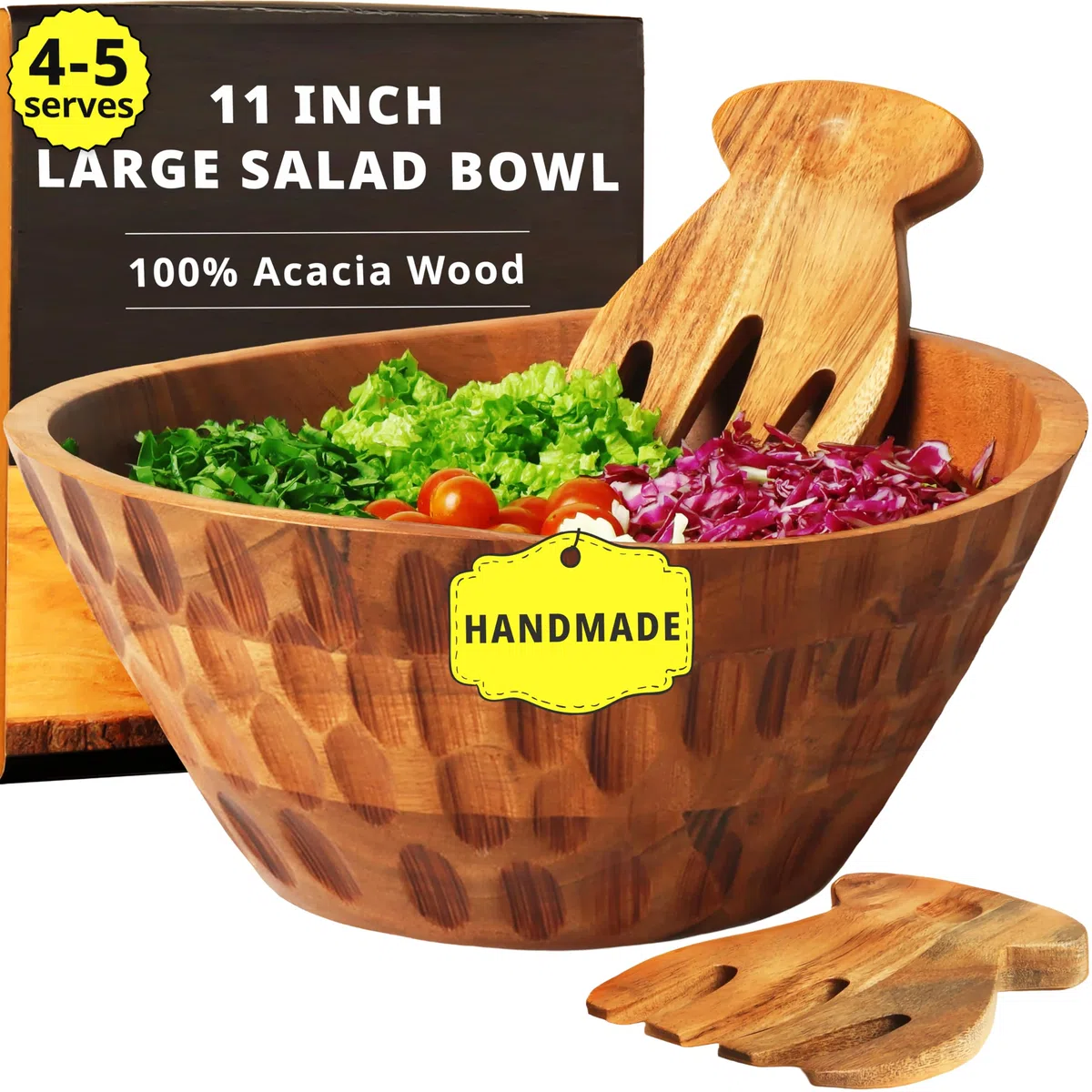 Juego de ensaladeras de madera – Acacia, cuenco de madera de 11 pulgadas con manteles individuales de yute y utensilios de servir, cuenco grande para encimera de cocina, decoración