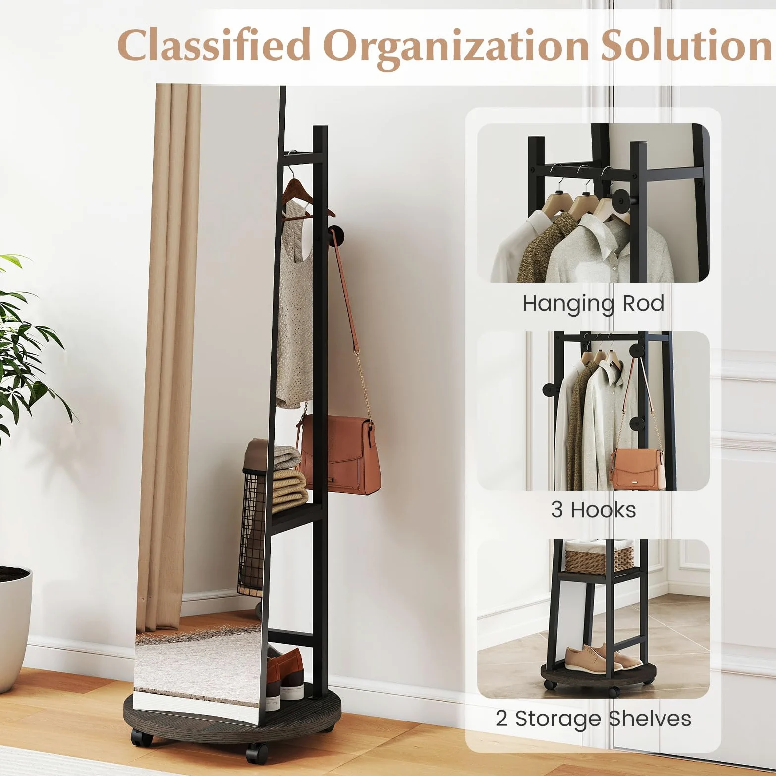 GIANTEX Perchero con Espejo de Cuerpo Entero, Árbol para Colgar Ropa con Vidrio Irrompible, Ganchos, Estantes de Almacenamiento y Ruedas con Freno, para Entrada, Sala y Dormitorio (Negro)