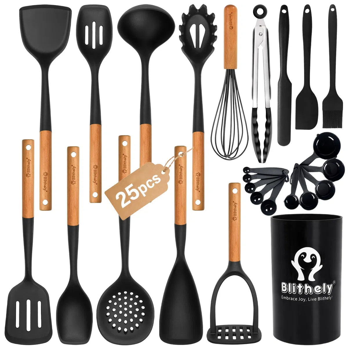 Juego de utensilios de cocina de silicona grande de 25 piezas con soporte, juego de utensilios de cocina sin BPA con mango de madera, espátulas de silicona resistentes al calor con espátula para