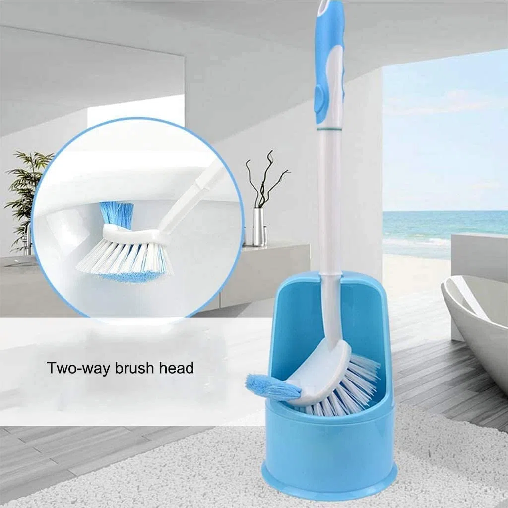 Moderno cepillo de inodoro de doble cara con soporte, herramienta de limpieza de plástico azul sin esfuerzo, fácil de ocultar, suministros de baño esenciales para el saneamiento del hogar