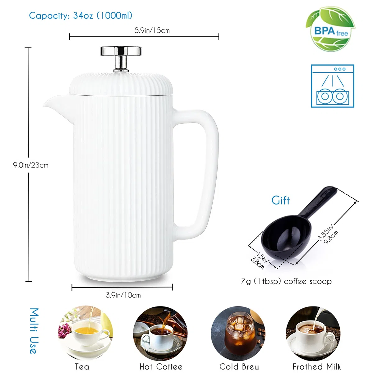 Easyworkz Cafetera de émbolo de porcelana de 1000 ml, con émbolo de acero inoxidable, color marfil