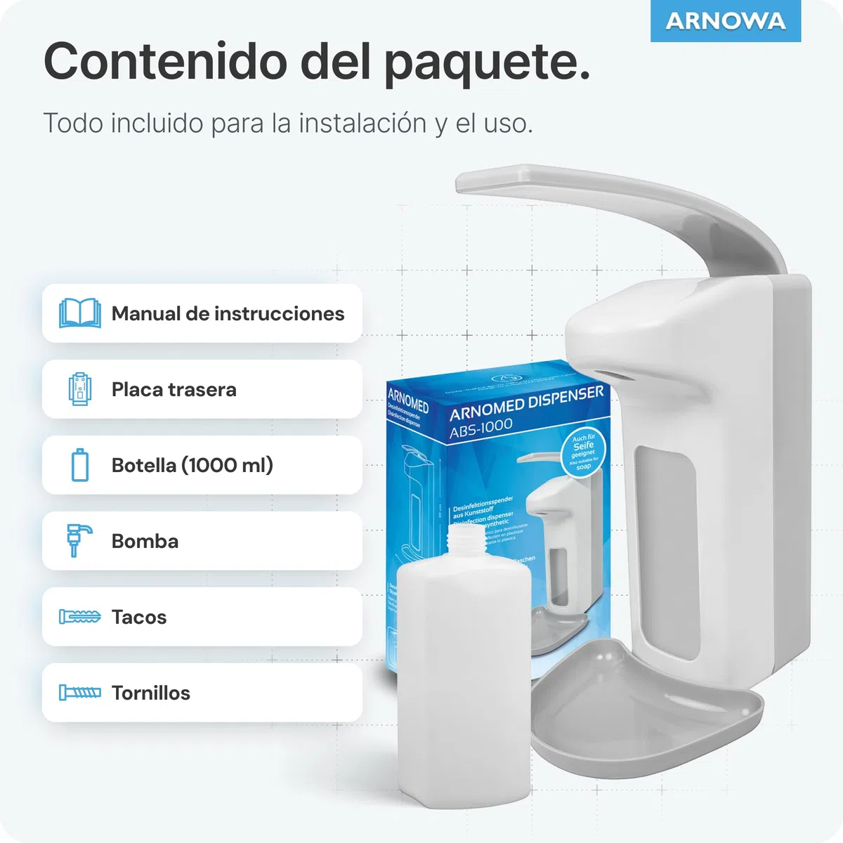 ARNOMED 4 dispensador jabon baño Pared de plástico para 1000ml, dispensador jabon Pared de Palanca, dispensador de jabon Pared Blanco, dispensador Vertical de jabón sin taladrar