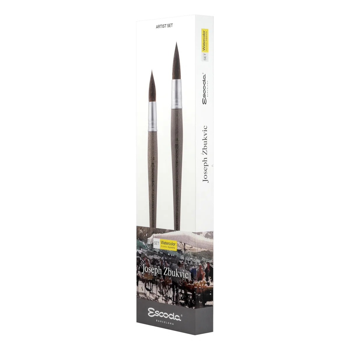 ESCODA Set 2 Pinceles Acuarela - N.14,18 Mop Redondo Punta Pelo Fino Petit Gris Natural Set 2 Joseph Zbukvic Serie Aquario Profesional Fabricado a Mano en España.