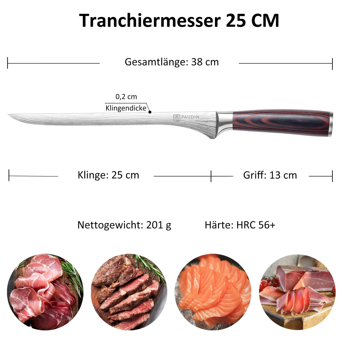 PAUDIN Cuchillo jamonero 25cm, cuchillo de cocina profesional de acero inoxidable alemán 1.4116 - hoja de precisión para lonchas finísimas, afilado cuchillo de trinchar con mango ergonómico de madera