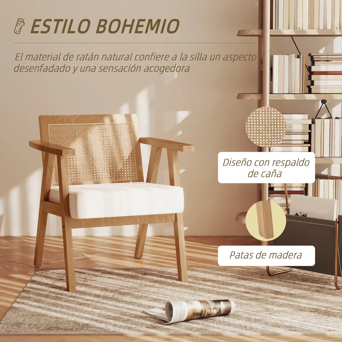 HOMCOM Butaca de Salón con Reposabrazos Sillón con Respaldo de Ratán y Marco de Madera de Caucho Butaca para Dormitorio Salón Carga 120 kg Natural y Beige