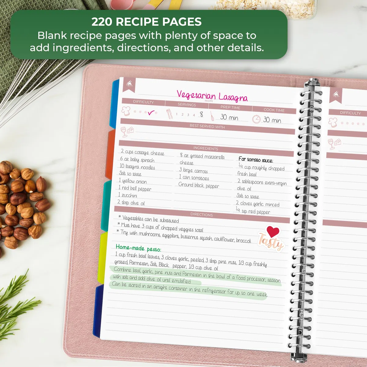 Clever Fox Carpeta de libro de recetas con pestañas, organizador de cuaderno de anillos con páginas en blanco para escribir en tus propias recetas, libro de cocina familiar personalizado, 220 recetas,