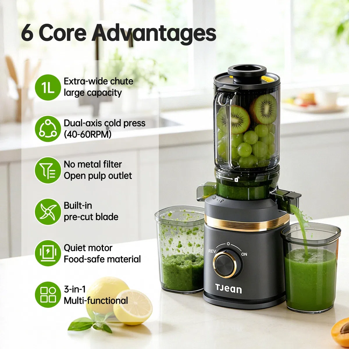TJean Exprimidor de Prensado Lento con Tolva de Alimentación de 110mm para Verduras y Frutas Enteras, Alto Rendimiento de Jugo, Bajo Consumo Energético, Fácil de Limpiar, Material Tritan sin BPA