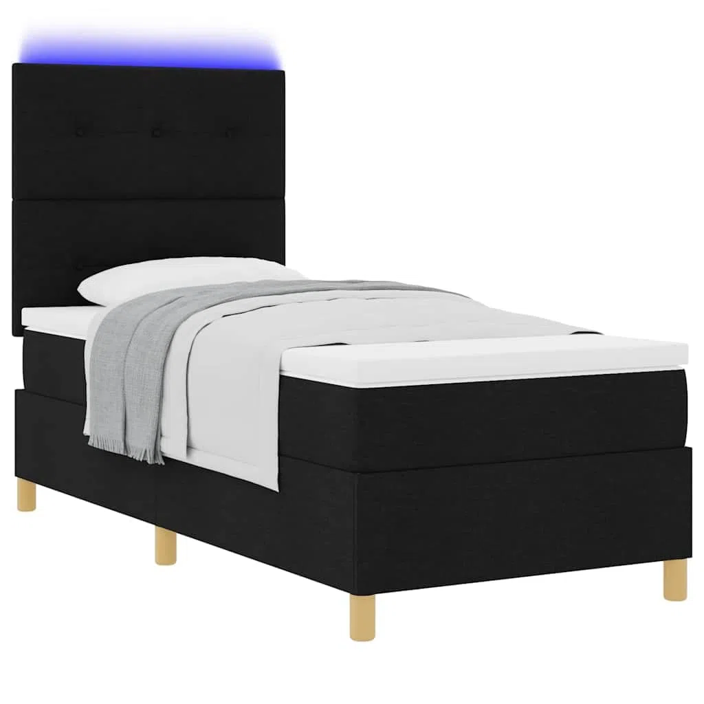 Cama con somier LED con cabecero negro, 80 x 200 cm, tela, cama de madera maciza, cama individual con tiras LED RGB, cabecero ajustable, colchón transpirable