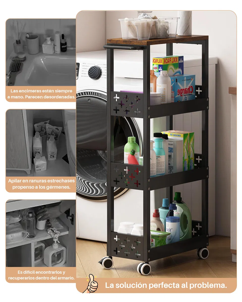 UMDONX Carrito Cocina Estrecho de Metal Carrito Auxiliar con Ruedas, Carrito de Servicio de 4 Niveles para Espacios Pequeños Baño Lavadero, 42x17x87cm (Negro)