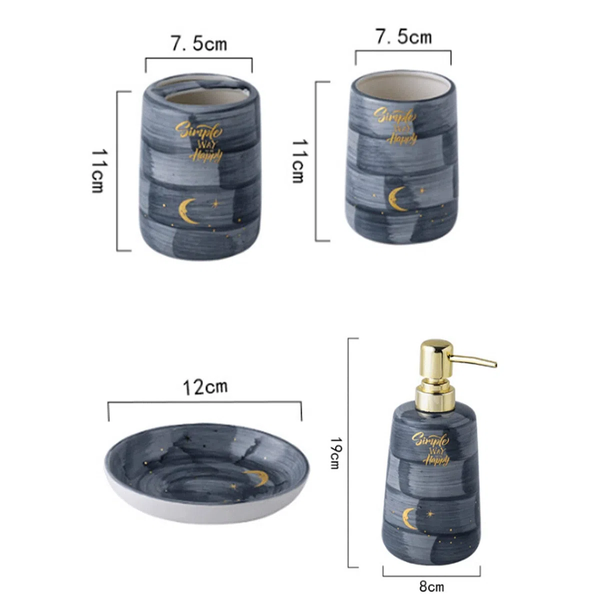 Juegos de Accesorios de baño, Acesorios Cuartos de Baño 5 Piezas con Dispensador Jabon Baño, Jabonera Baño, Porta Cepillo de Dientes, Bandeja, para Champú Cerámica Creativo Gris
