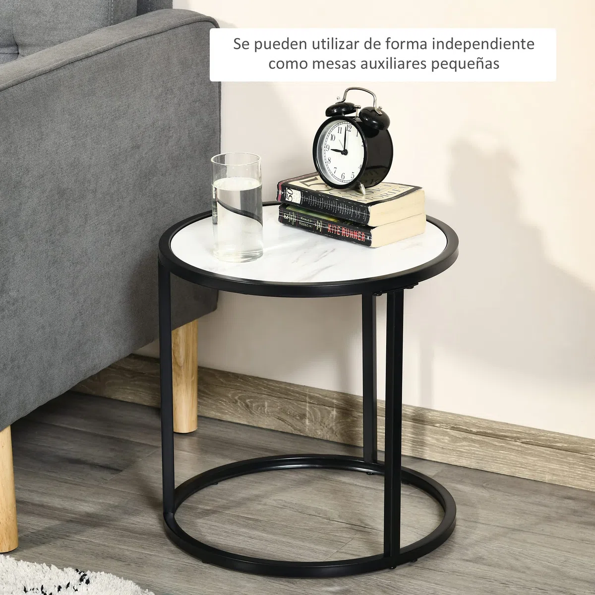 HOMCOM Juego de 2 Mesas Auxiliares Redondas Apilables Mesas Nidos Modernas con Encimera en Efecto de Mármol y Marco de Acero Ø60x46 cm y Ø40x40 cm Blanco