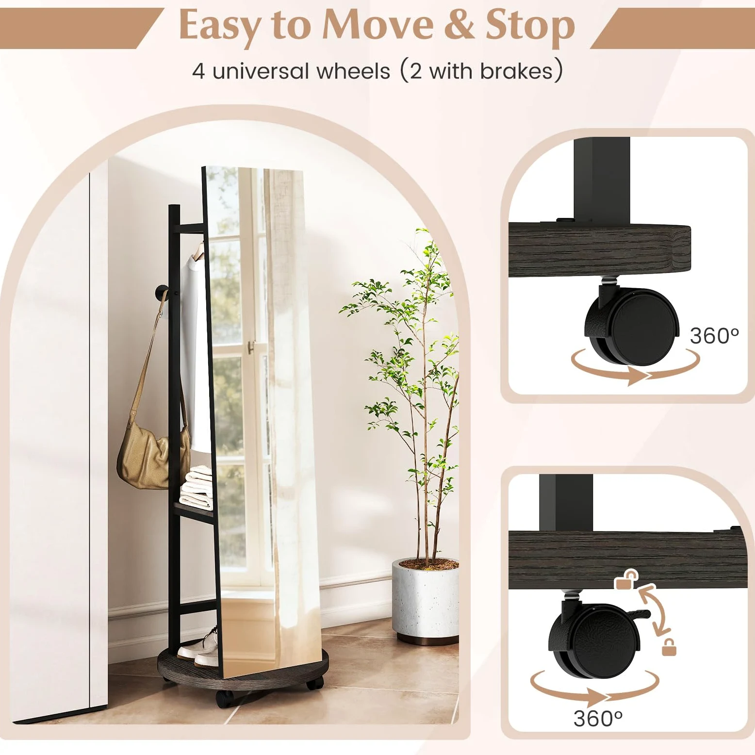 GIANTEX Perchero con Espejo de Cuerpo Entero, Árbol para Colgar Ropa con Vidrio Irrompible, Ganchos, Estantes de Almacenamiento y Ruedas con Freno, para Entrada, Sala y Dormitorio (Negro)