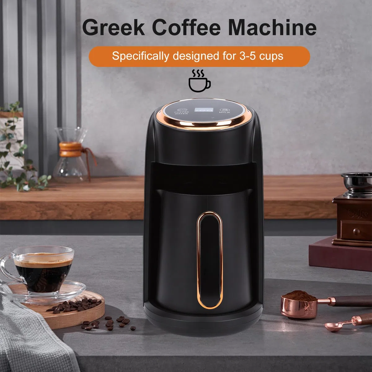 Cafetera Eléctrica para Café Griego, 600 W de Potencia de Vapor, Capacidad para 3-5 Tazas, Diseño Compacto, Depósito de 0,5 L, Espumador de Leche para Latte y Capuchino