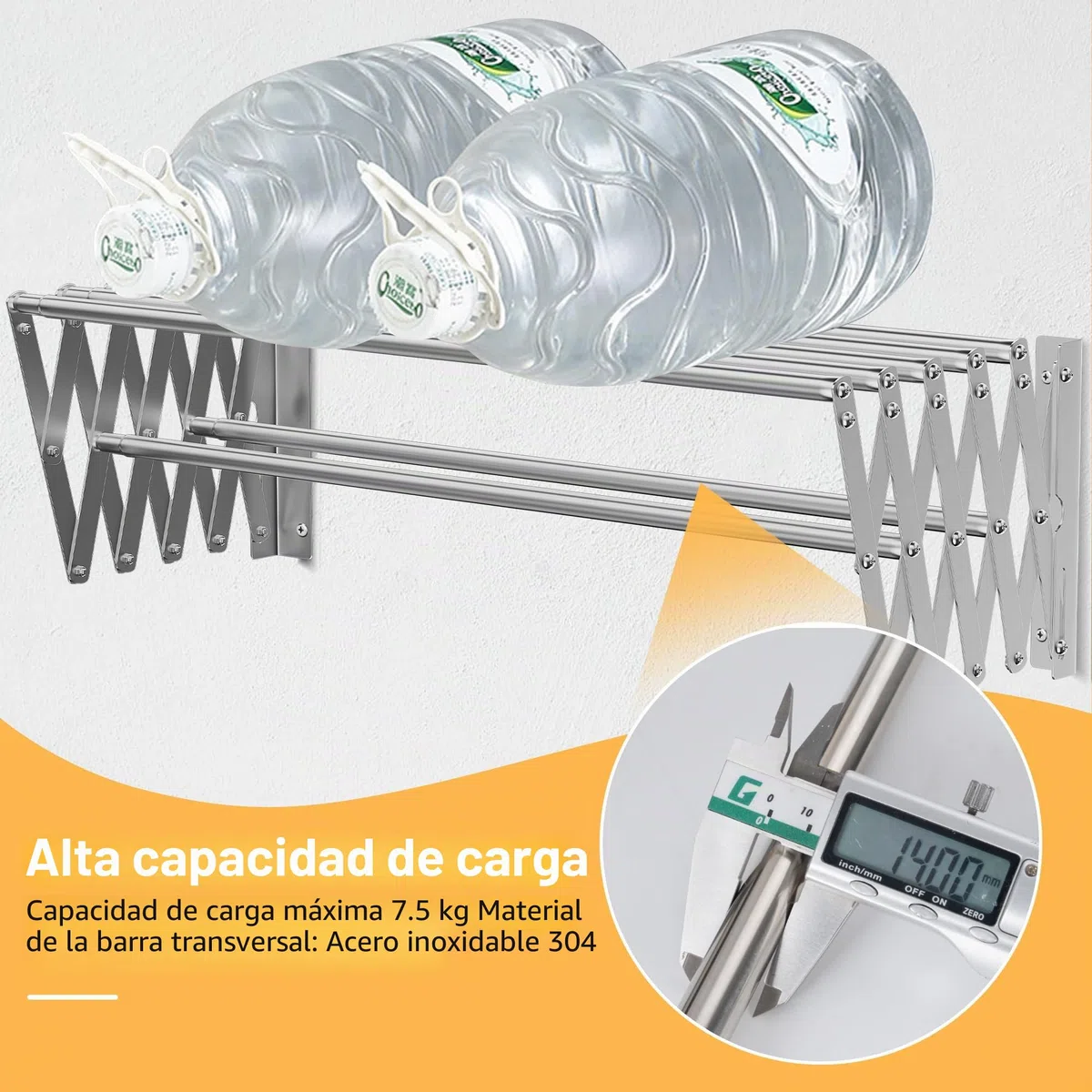 OUUTMEE Tendedero de pared de acero inoxidable extensible, área telescópica frontal y trasera: 12~68cm, con siete varillas de tracción, capacidad de carga 7.5kg (Plata)