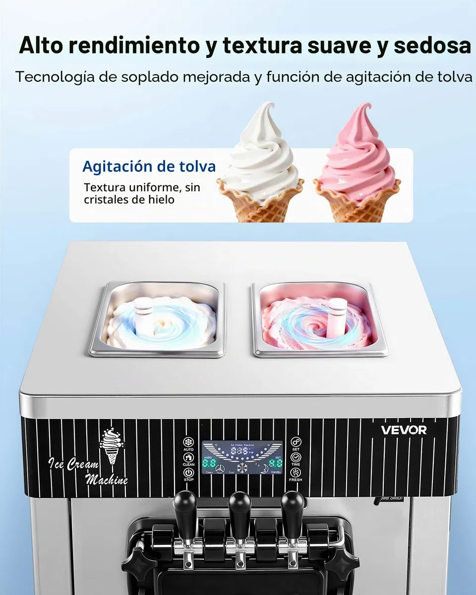 VEVOR Máquina de Helado Suave Comercial 3 Sabores 2200 W, Caudal de 20-28 L/h, Máquina para Hacer Helados Sobremesa con 2 Tolvas de 6 L, Agitación de Tolva, Preenfriado y Autolimpieza para Tiendas