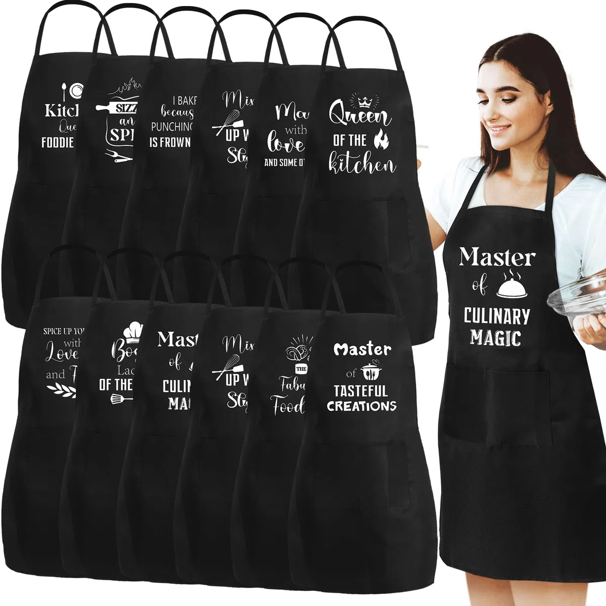 Sliner 12 delantales divertidos de cocina para hornear para mujer con bolsillos, citas divertidas, delantales de cocina para mujer, delantal de bolsillo negro, para Navidad, esposa, día de la madre,