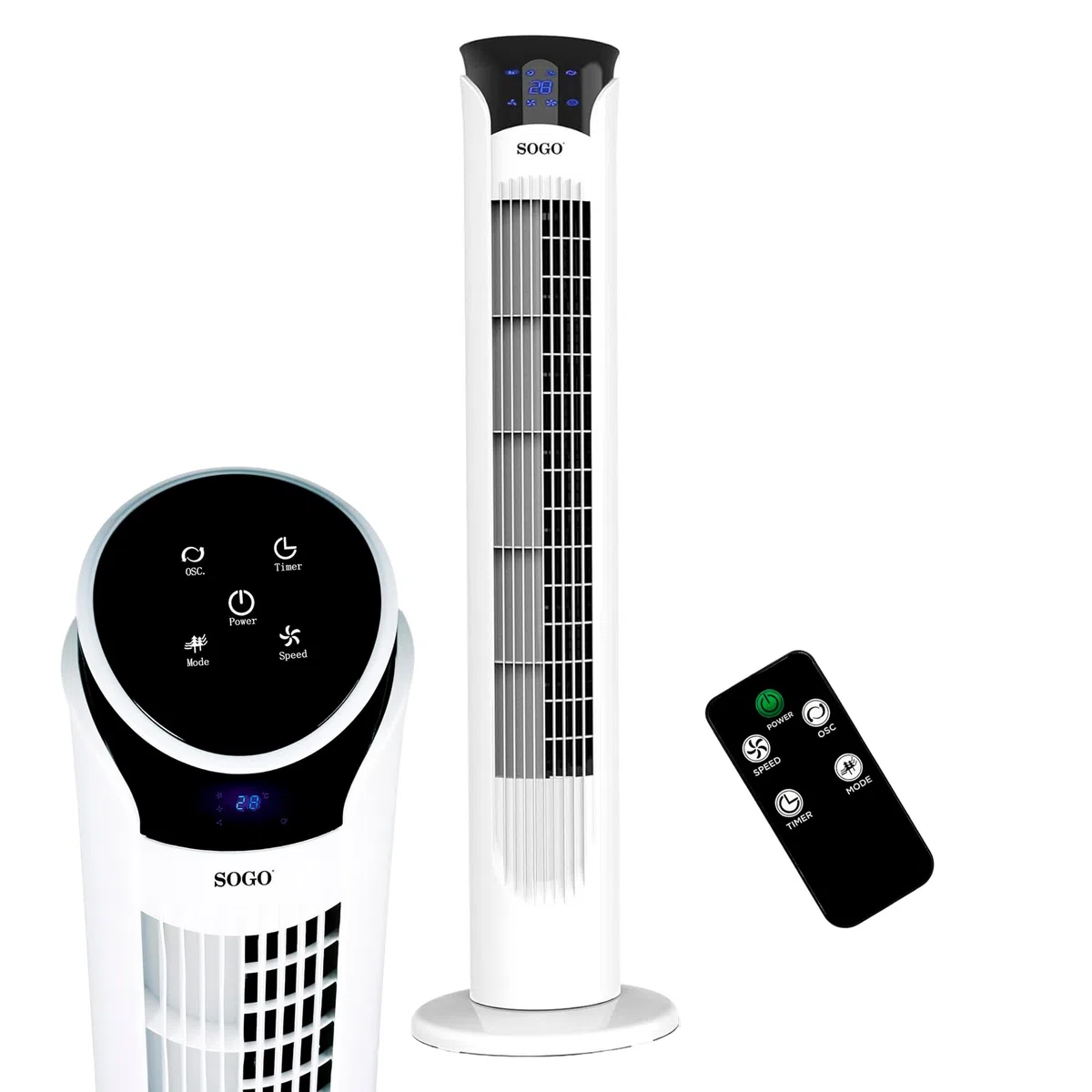 SOGO Ventilador Torre Silencioso con Mando a Distancia y Temporizador 12H - Ventilador de Pie Oscilante con Pantalla LED y 3 Velocidades Ajustables - Ventilador Torre Potente para Hogar y Oficina