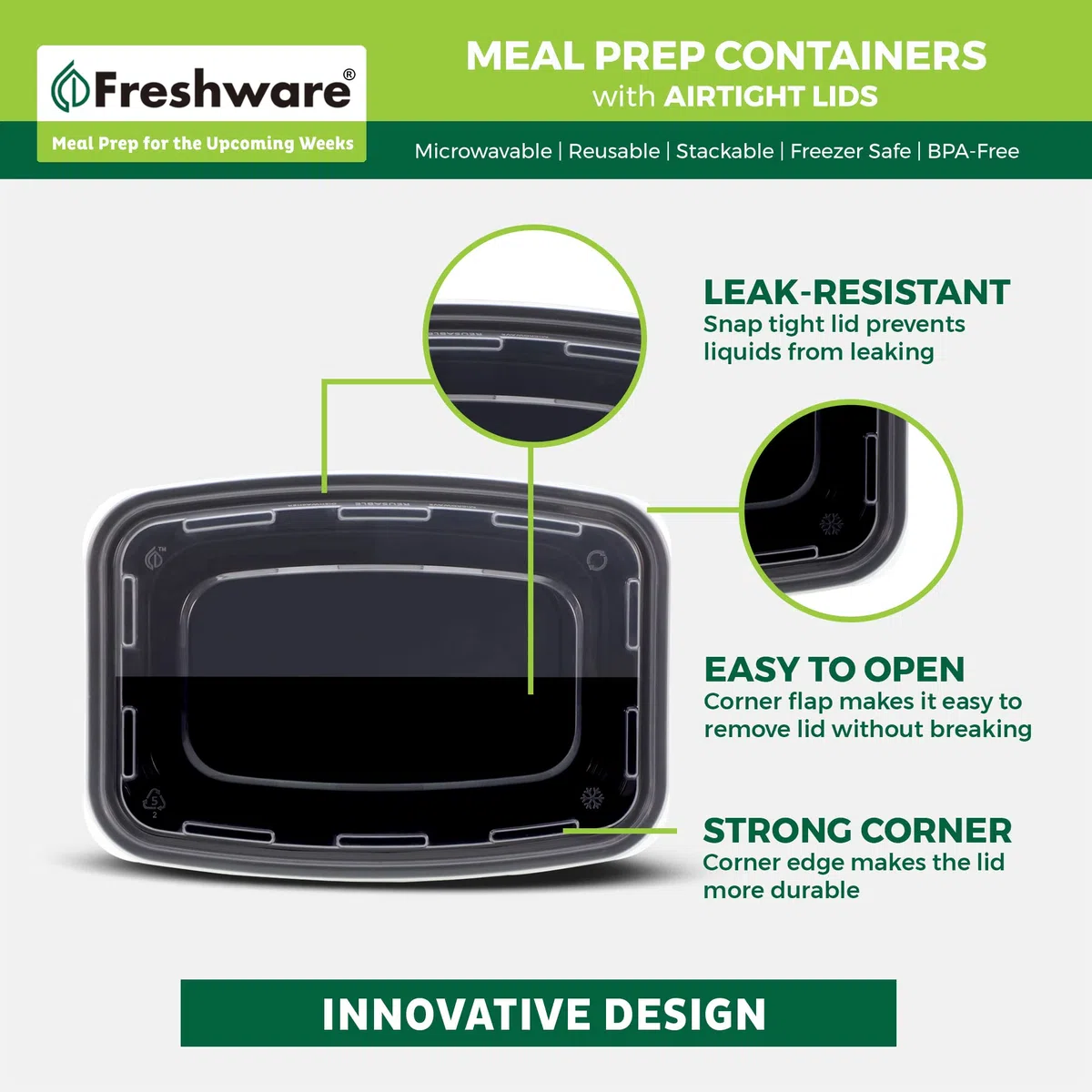 Freshware Recipientes de preparación de comidas [paquete de 50] 1 compartimento con tapas, contenedores de almacenamiento de alimentos, caja Bento, sin BPA, apilables, aptos para