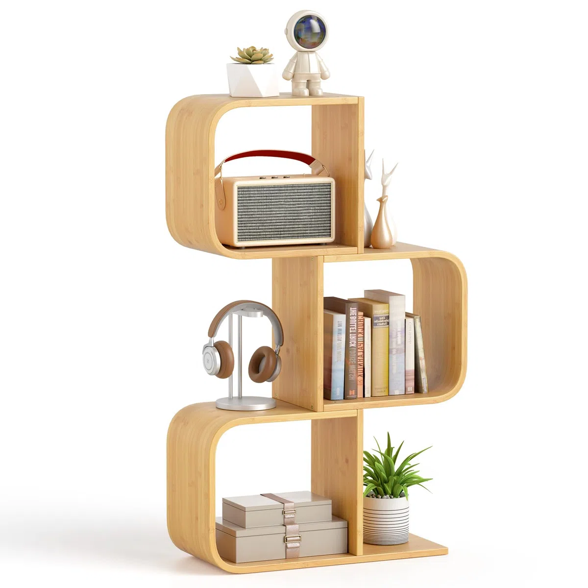 COSTWAY Estantería en Forma de S, Estantería de Almacenamiento de 3 Niveles con 3 Cubos Abiertos, Estantería de Bambú para Esquina Decorativo para Sala de Estar, Estudio, Oficina, Natural (3 Niveles)