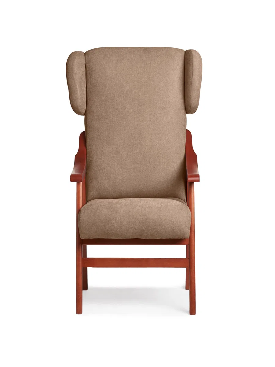 Silla Ergonómica con Brazos y Orejas Apoyacabeza en Madera de Cerezo. Tapizado Antimanchas para Personas Mayores o Geriátrico (115 x 71 x 57 cm) [Tostado]