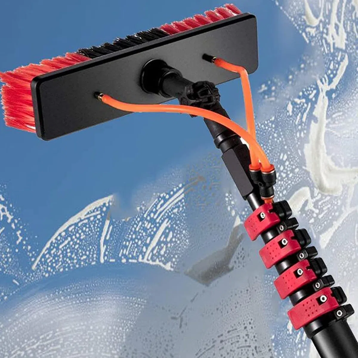 Kit de poste de alimentación de 12 pies para limpieza de ventanas y energía solar, cepillo para hacer frente con agujero, ideal para una limpieza eficiente de ventanas y paneles solares, color rojo