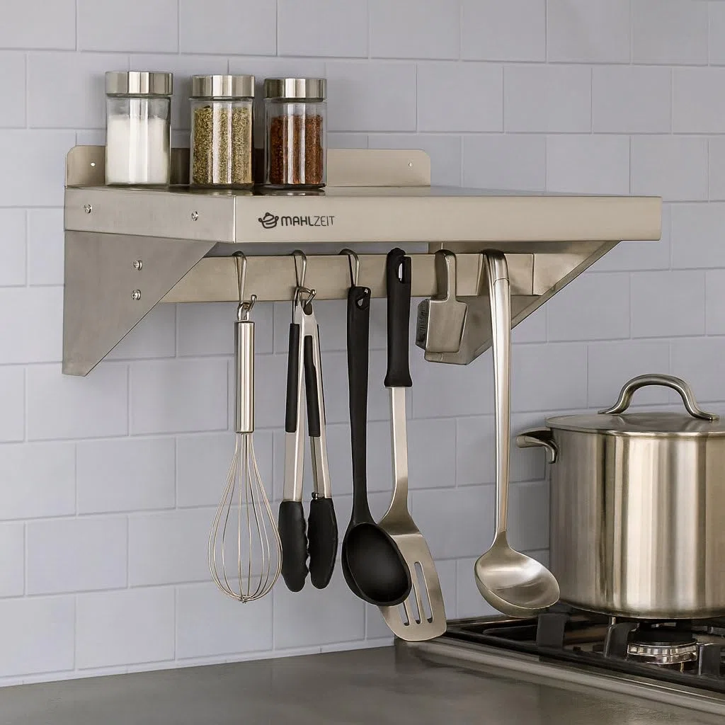 Mahlzeit Estante de Pared de Acero Inoxidable con Barra de Ganchos | 60 x 30 cm | Estante Colgante | Estante Cocina de Acero Inoxidable, Estante Flotante, Estante de Pared | Estantería para Cocina