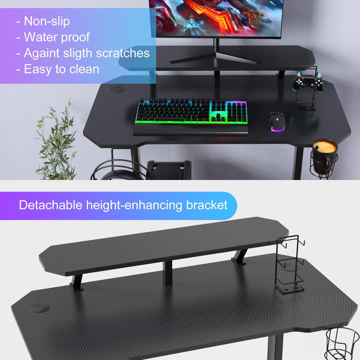Escritorio Gaming Mesa Escritorio para Computadora Mesa para PC con portavasos y Gancho para Auriculares Escritorio con Soporte para Monitor 100x55x75 cm Negro