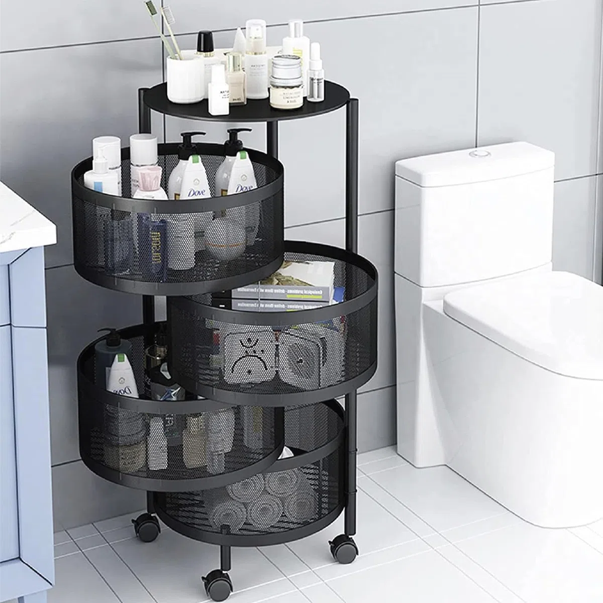 GREATOYAR Carrito de Cocina, Carros de Almacenamiento, Estantería Universal Multifuncional con Ruedas para Cocina, Cocina, baño, habitación Infantil y Oficina, 4 Compartimentos Redondos, Negro