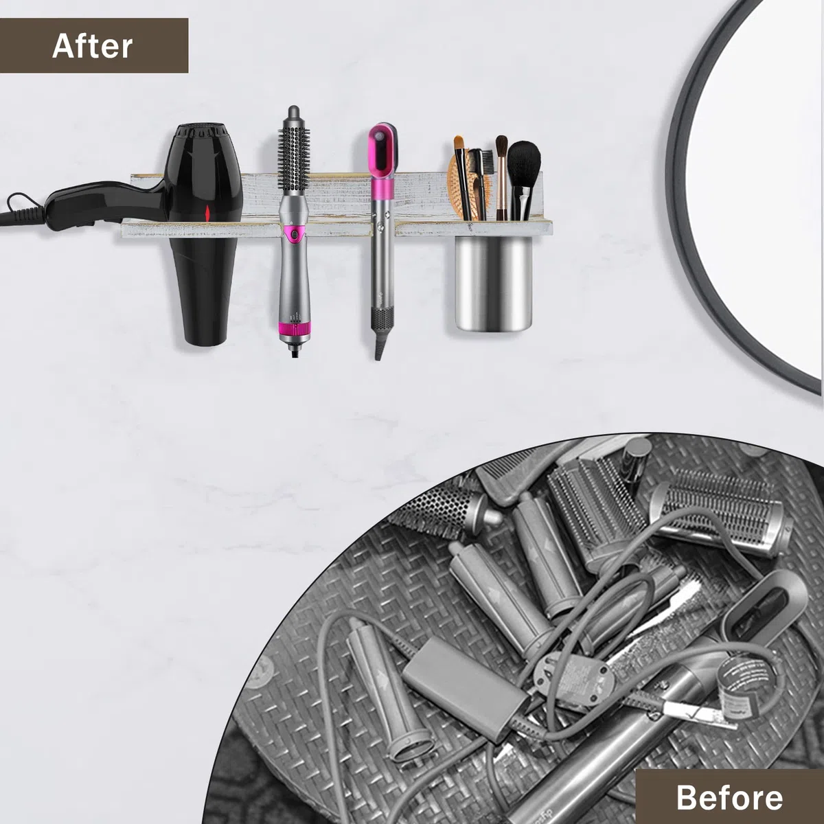 Organizador de herramientas para el cabello montado en la pared, construcción de madera de pino resistente, taza de acero inoxidable extraíble, sostiene secadores de pelo, alisadores, rizadores
