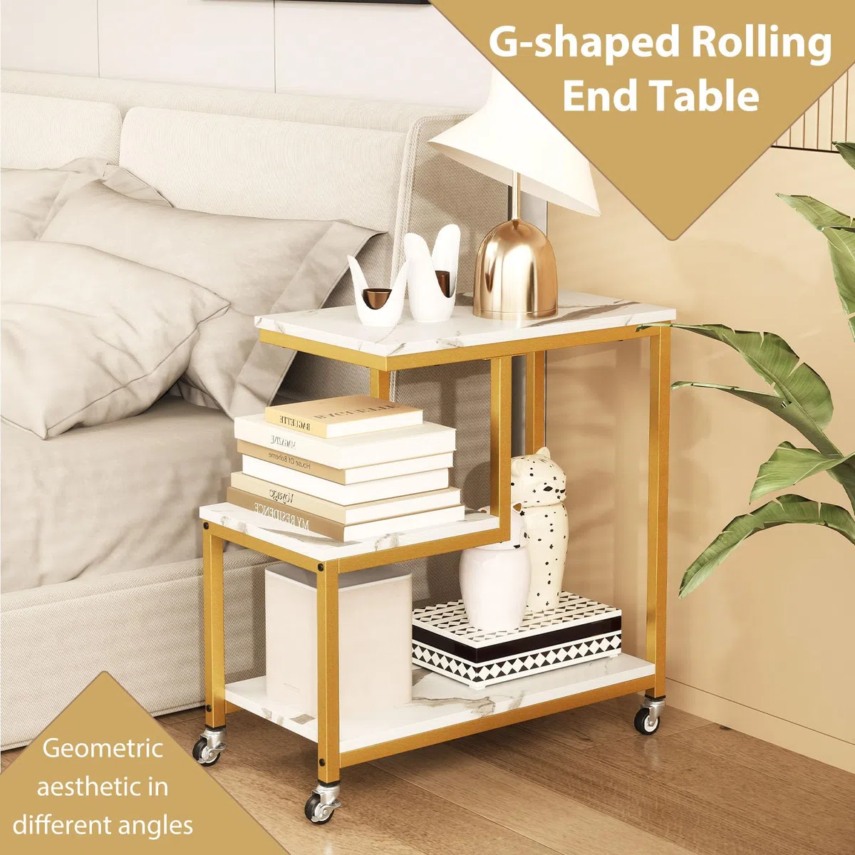 LIFEZEAL Mesa Auxiliar con 4 Ruedas, con Efecto mármol, Mesita de café móvil, Mesa Lateral Decorativa con 3 estantes, 59 x 30 x 61 cm (Blanco)