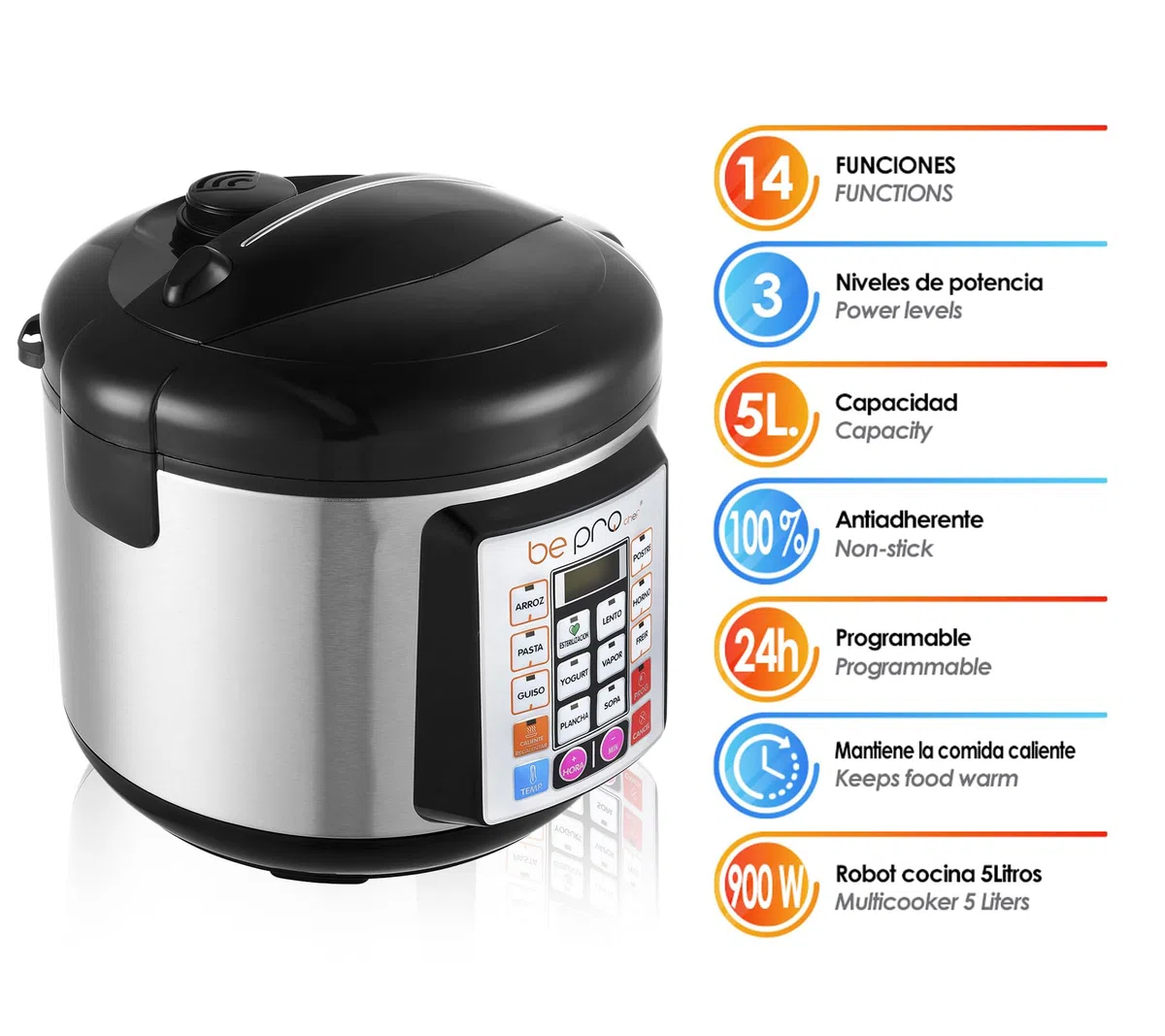 Chef Robot Cocina Olla Programable 5L Multifunción 900W Temporizador 24H Recetario Antiadherente Acero Negro Cocina Automática Segura Fácil de Usar Ideal para Uso Diario Sin Presión 100 recetas | Cocinado Gourmet suelta vapor por lo que reduce y proporcio