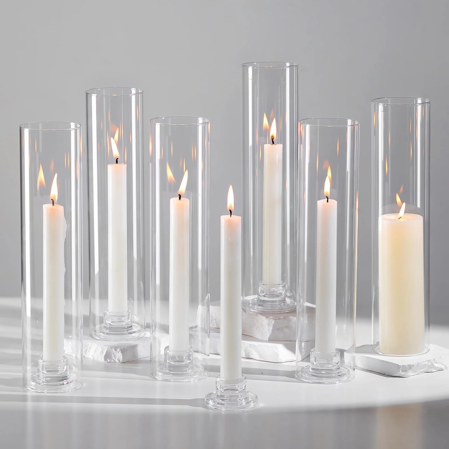 Hewory Portavelas de vidrio Hurricane – juego de 6 portavelas para velas cónicas, decoración moderna para mesa de boda, decoración de mesa navideña