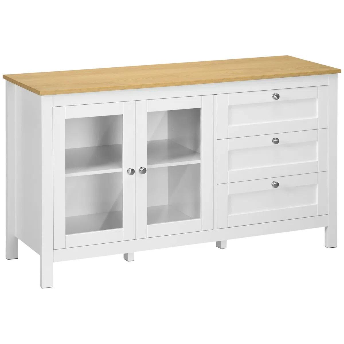 HOMCOM Aparador para Salón Armario Auxiliar con 2 Puertas de Vidrio 3 Cajones y Estante Ajustable para Cocina Comedor Pasillo 120x40x70 cm Blanco