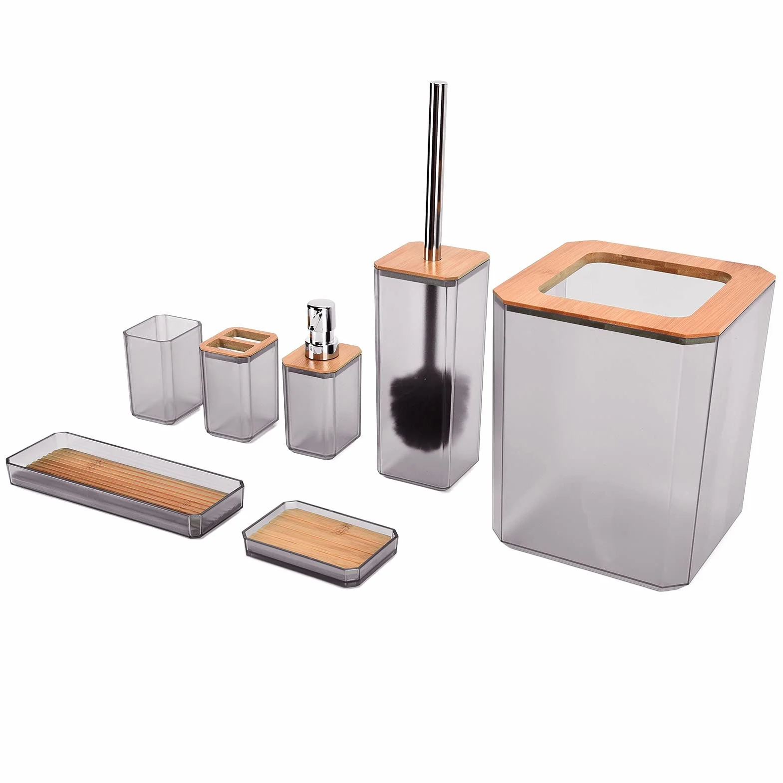 Cocoarm Juego de Accesorios de Baño de bambú, Juego de Baño de 7 Piezas con Caja de ABS, Soporte para Cepillo de Dientes, Escobilla de, Bandeja para Bote de Basura para el Hogar, Hotel, (Gray)