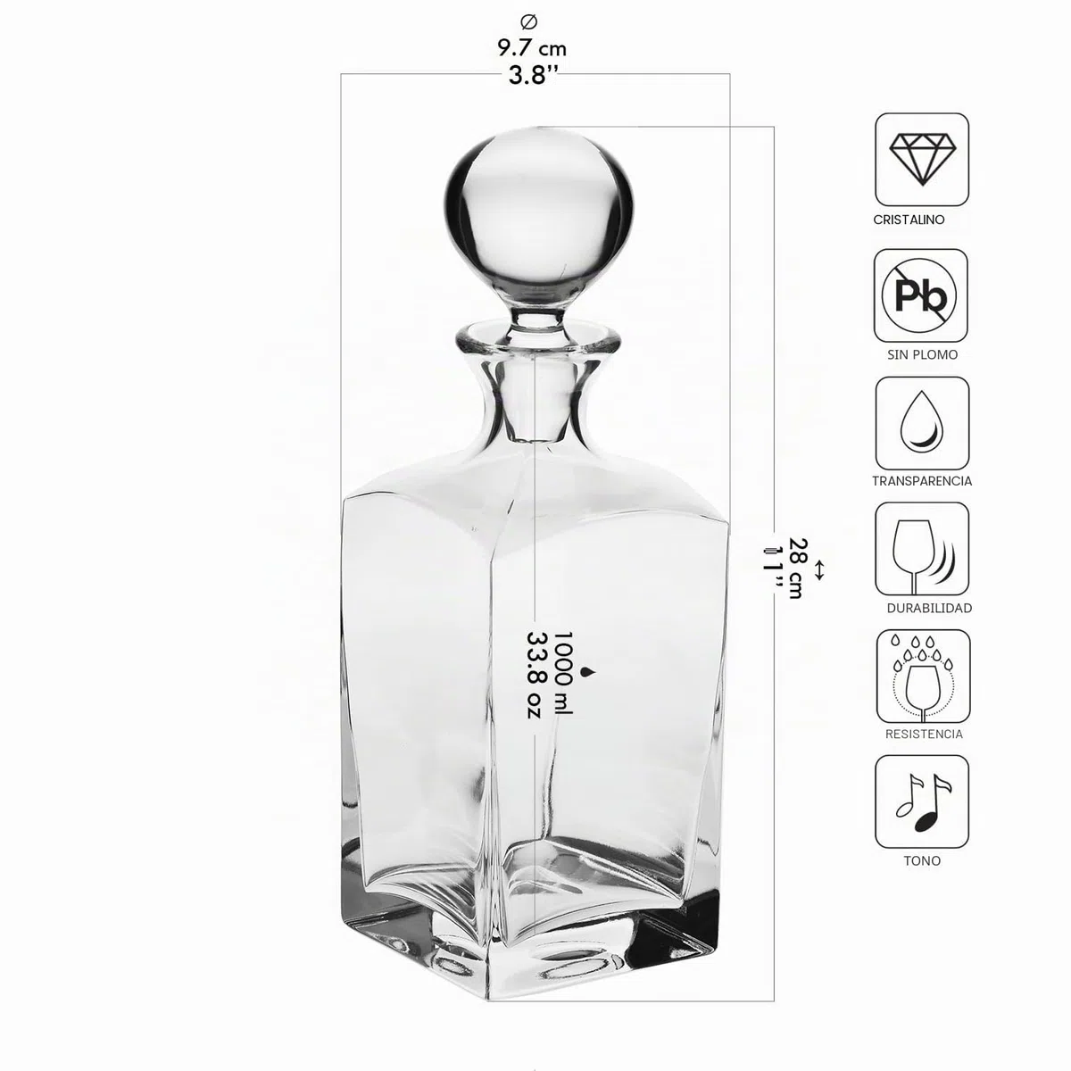 Krosno Decantador/garrafa para whisky y ron con tapón | 1000 ml | Colección Caro | Caja regalo con copa de brandy y botella de agua | Para casa, restaurantes y cocina | Cristal sin plomo