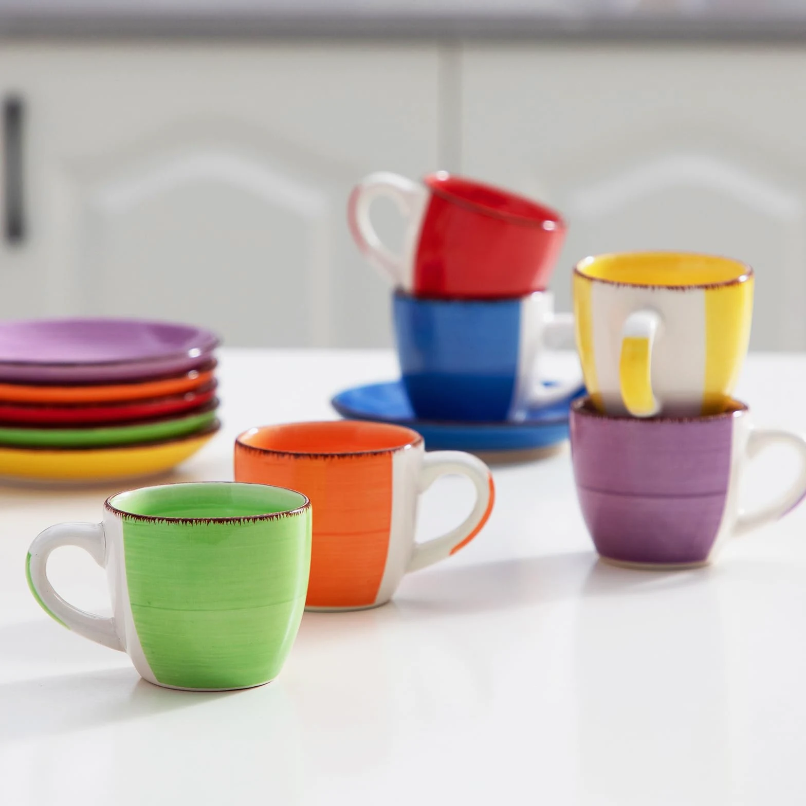 vancasso Cuenco de cerámica, Juego de Tazas vancasso BONITA 12 piezas, Tazas de Espresso, Servicio de Café para 6 personas, Juego de Tazas, platillos, Estilo Arcoíris