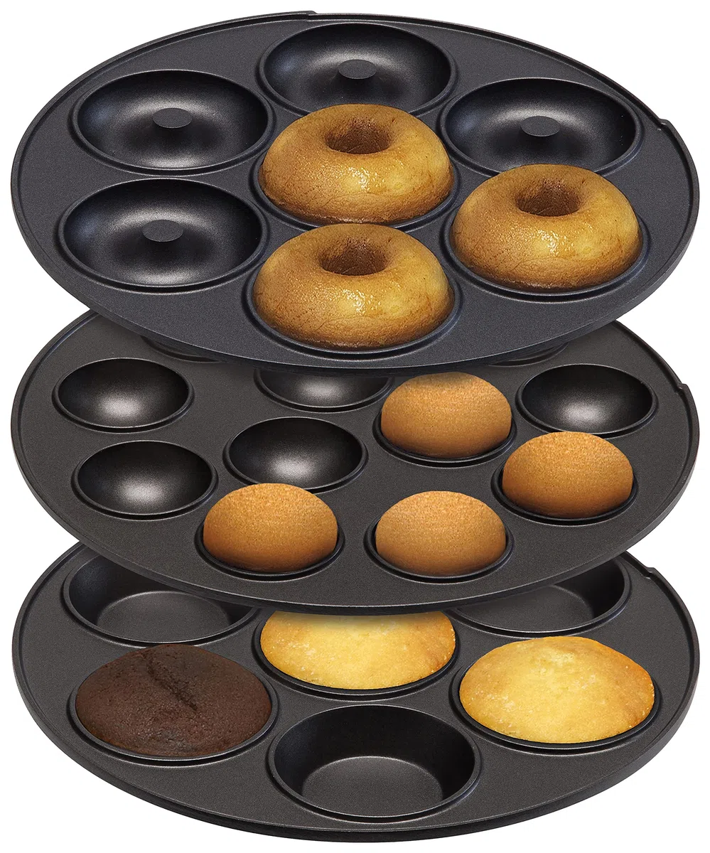 Bestron Máquina para Donuts 3 en 1 Diseño Retro con 3 Placas Intercambiables para Donuts, Muffins y Cake Pops, Antiadherente, 700 W, Ahorro de Espacio, Rosa, ASW238P