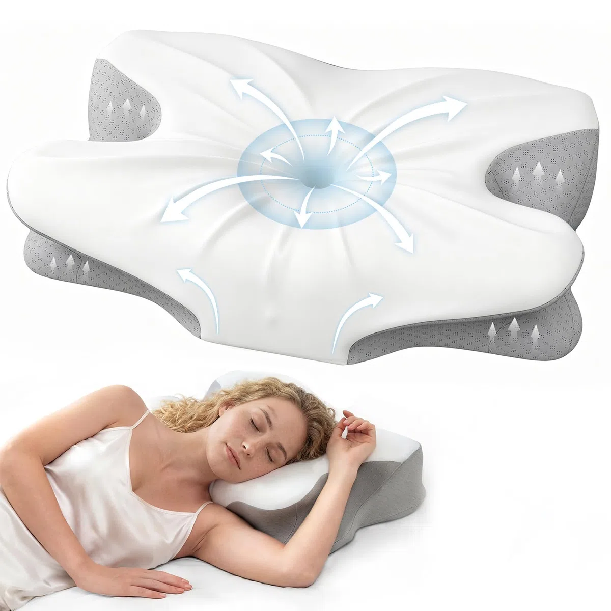 Almohada cervical ortopédica de espuma viscoelástica, cojín cervical ergonómico para una comodidad óptima para dormir, con zona de apoyo para brazos para dormir de espalda, estómago y de lado