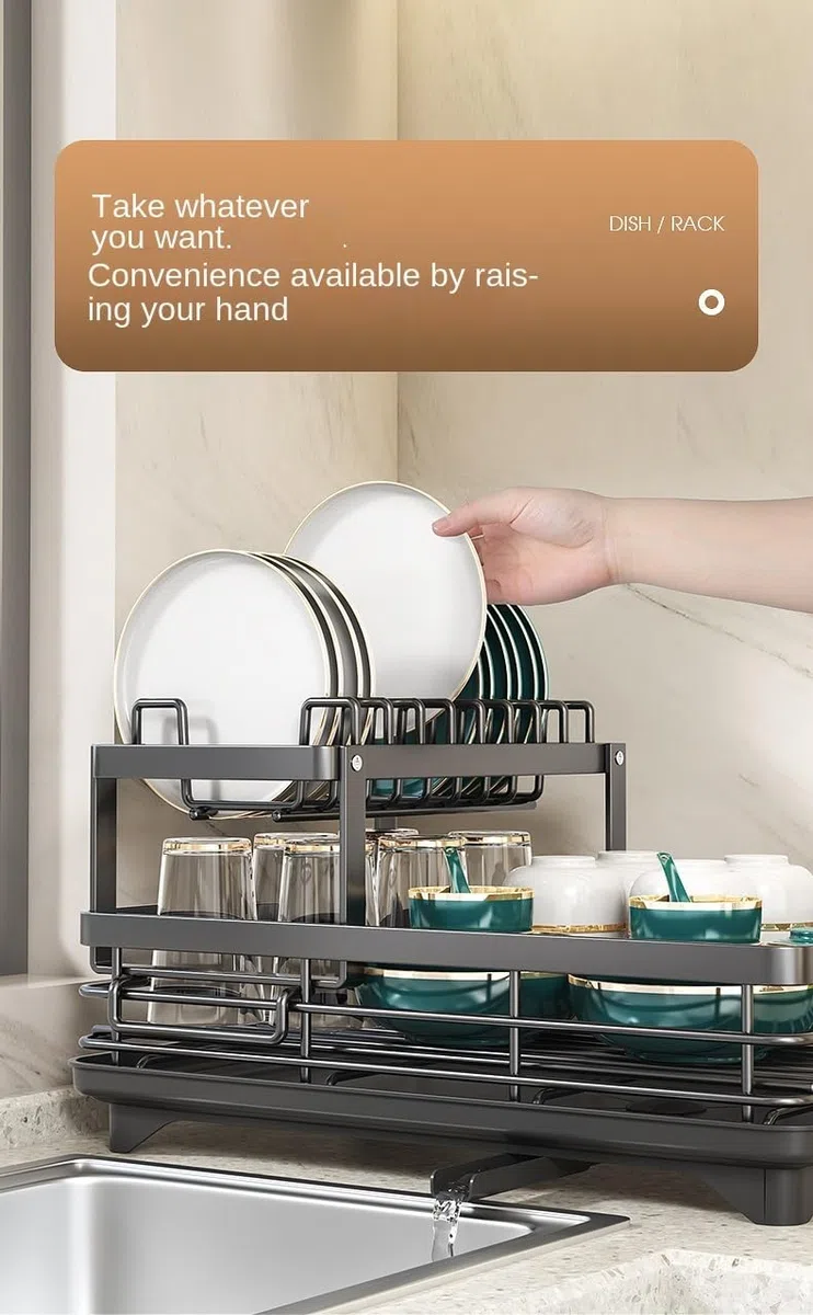 Escurridor de platos negro para encimera de cocina, organizadores de cocina de 2 niveles y almacenamiento para platos, cuencos, cubiertos