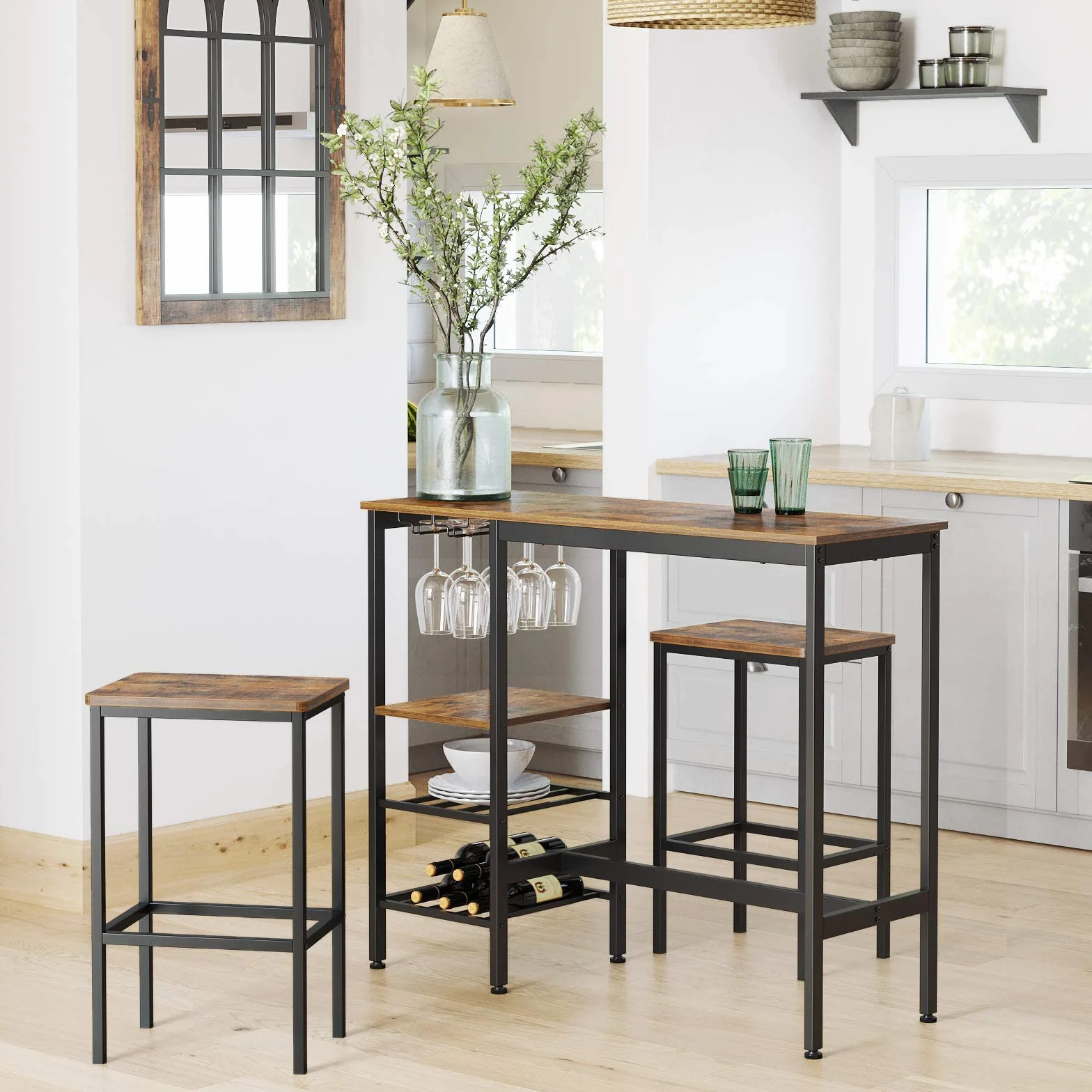 VASAGLE Mesa alta de comedor, bar, con soporte para copas de vino y botellero, para salón, cocina, 110 x 40 x 90 cm, industrial, marrón rústico y negro LBT013B01, madera de ingeniería