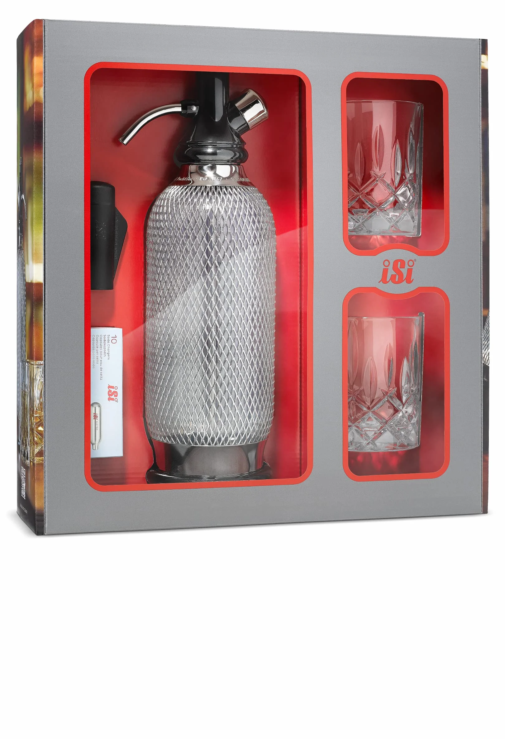 iSi Soda Maker Classic - Set de regalo (incluye 2 vasos y 10 cápsulas de soda, sifón de soda, 1,0 l, acero inoxidable, accesorio de bar para agua con burbuja