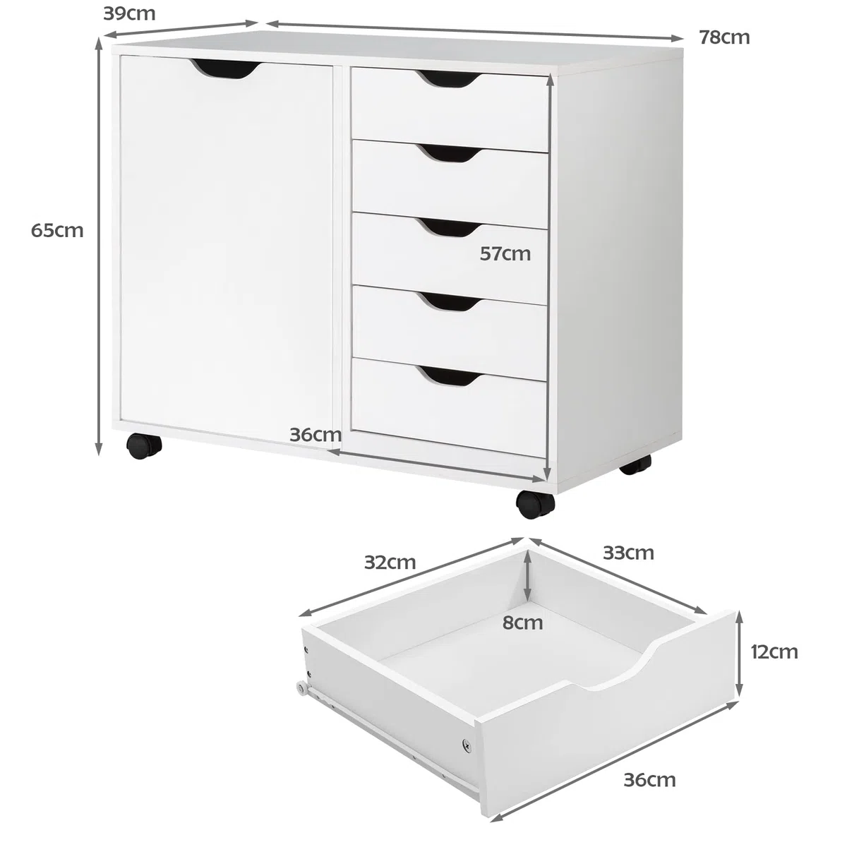 GOPLUS Cajonera con Rueda y 5 Cajones, Cajonera Escritorio de Madera, Armario Archivador Móvil de Oficina, Organizador de Archivos con Freno, Gran Capacidad, para Oficina, 78x39x65cm (Blanco)