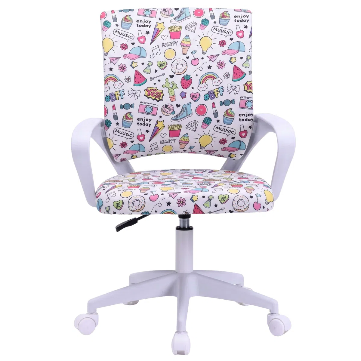 Miroytengo Silla de Escritorio Juvenil Vita Emojis, Altura Regulable, Tela Estampado, Reposabrazos Blanco